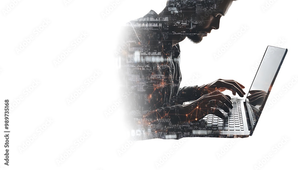 Poster Hands Using Laptop with Digital Codes and Network Links in Double Exposure on White Background