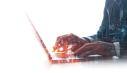Hands Using Laptop with Digital Codes and Network Links in Double Exposure on White Background