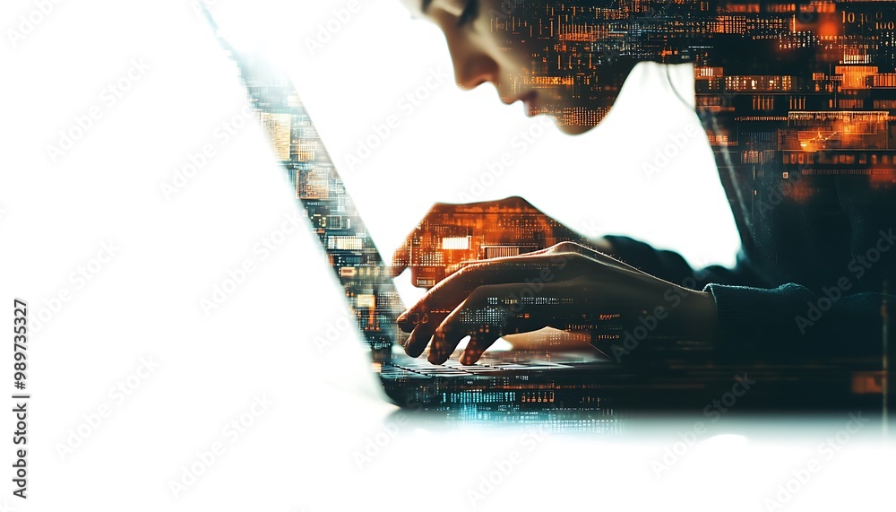 Poster Hands Using Laptop with Digital Codes and Network Links in Double Exposure on White Background