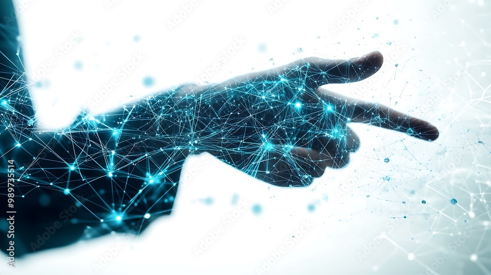 Poster hand interacting with touch screen overlaid with glowing global business networks
