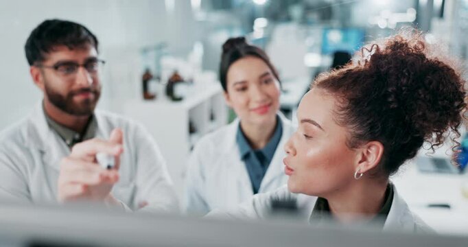 Scientist, woman and presentation by whiteboard in lab for discussion, planning or research for medical innovation. People, team and man for training, info or review with diversity at pharma company