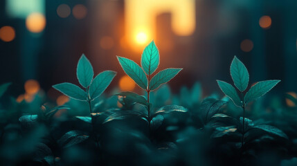 A single plant stands tall in a field of greens, illuminated by the sunset.
