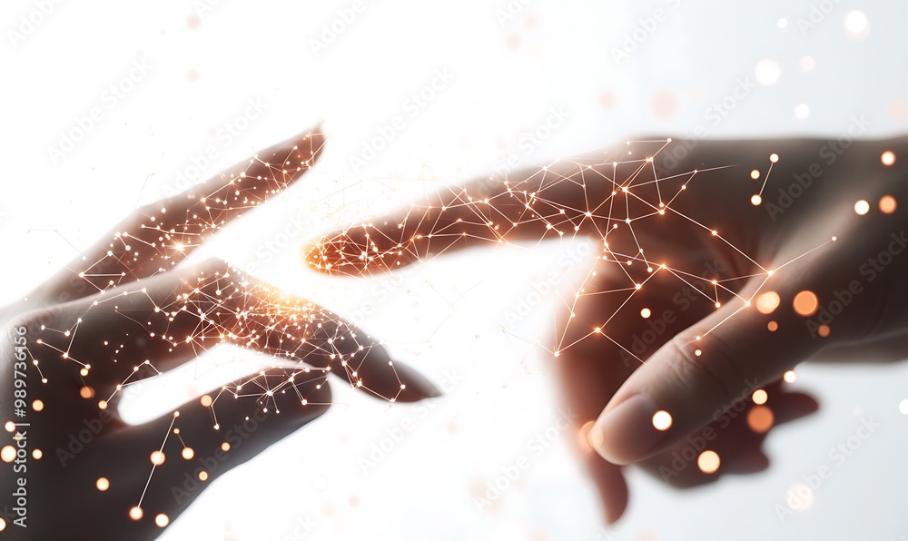 Fototapete Hands Pointing at Digital Screen with Glowing Data Lines and Network Connections in Double Exposure