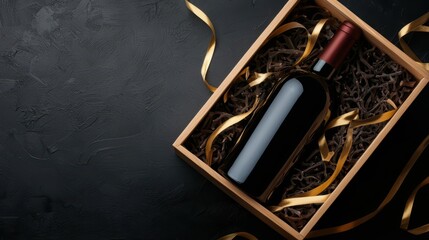Elegant wine bottle in a wooden box with decorative ribbon, ideal for gifts and special occasions.