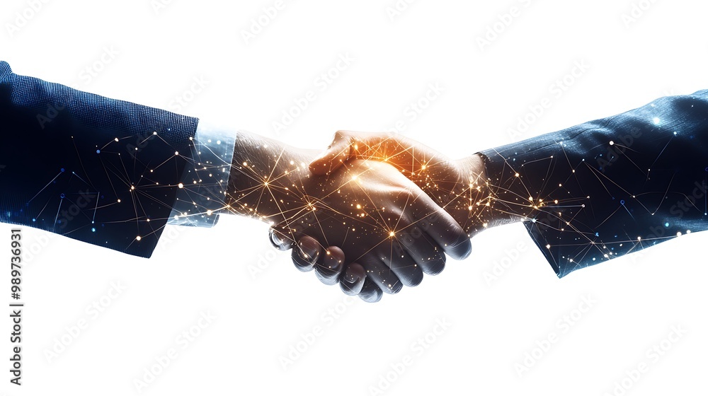 Poster businesspeople shaking hands with glowing digital data streams and network connections in double exp