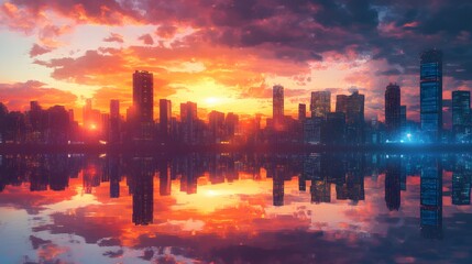 Fototapeta premium 47. A detailed cityscape at sunset with colorful reflections