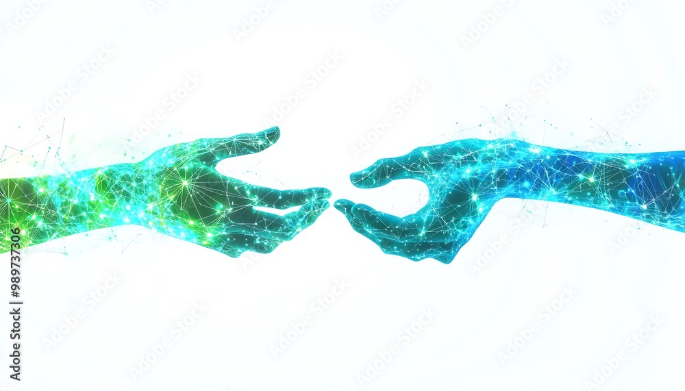 Poster Hands Exchanging Document with Glowing Digital Data Grids and Flowing Connections in Double Exposure