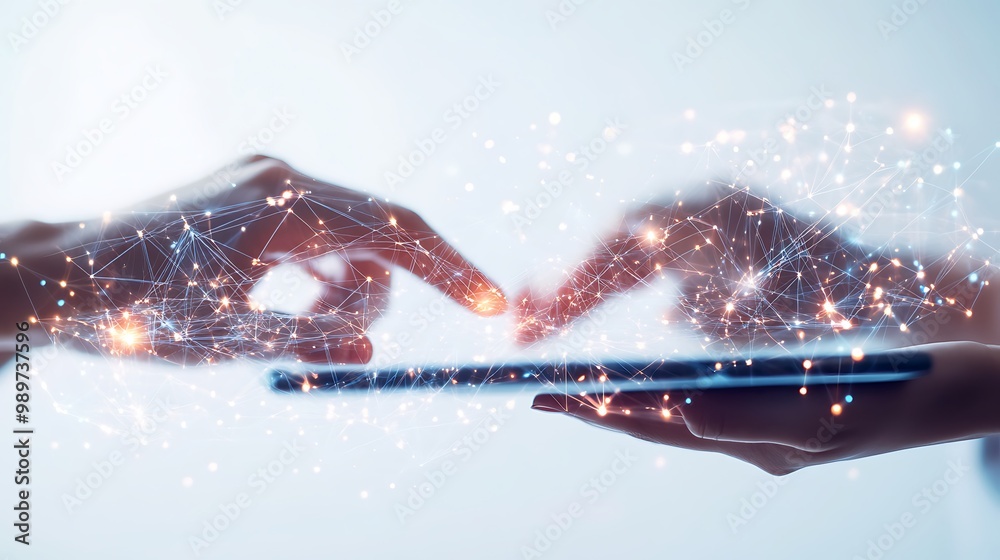 Fototapete Hands Passing Digital Tablet with Flowing Data Streams and Connected Nodes in Double Exposure