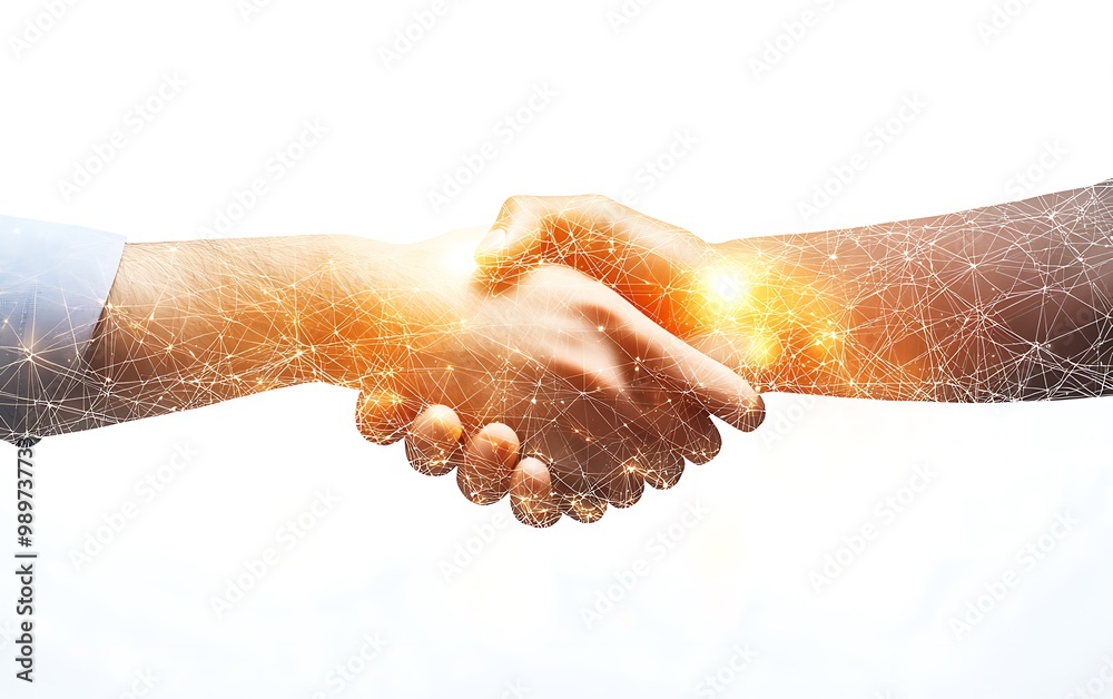 Poster business partners shaking hands with glowing data connections in double exposure symbolizing global 