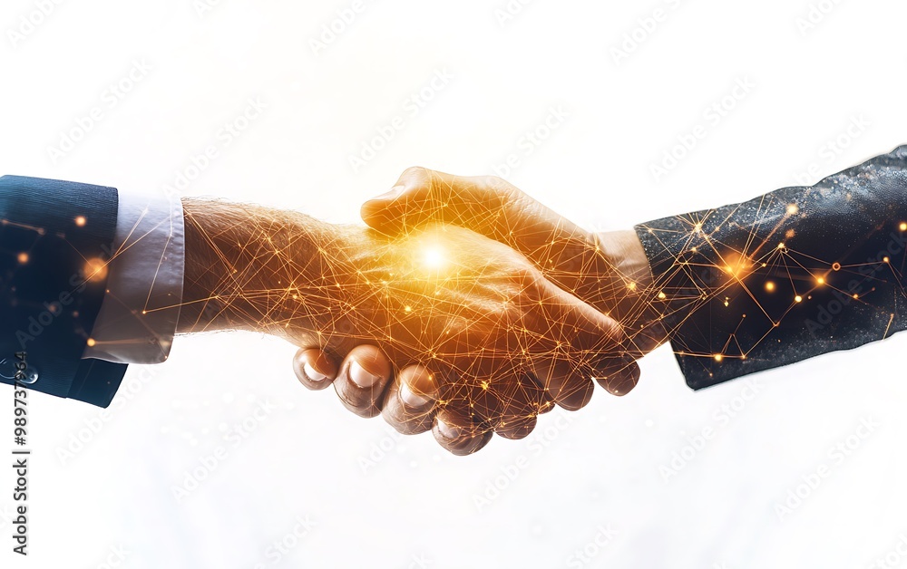 Poster business partners shaking hands with glowing data connections in double exposure symbolizing global 