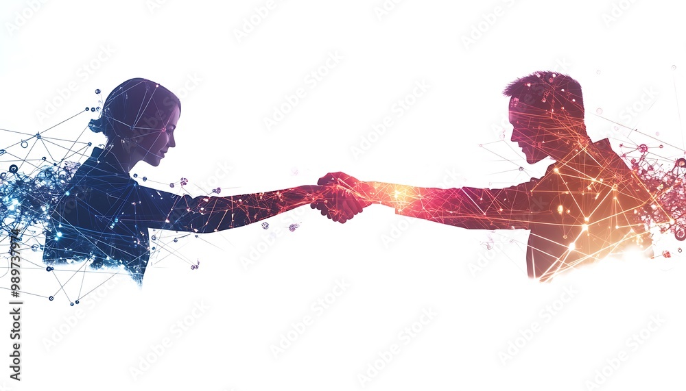 Aufkleber Businesspeople Exchanging Handshake with Floating Data Grids and Glowing Lines in Double Exposure