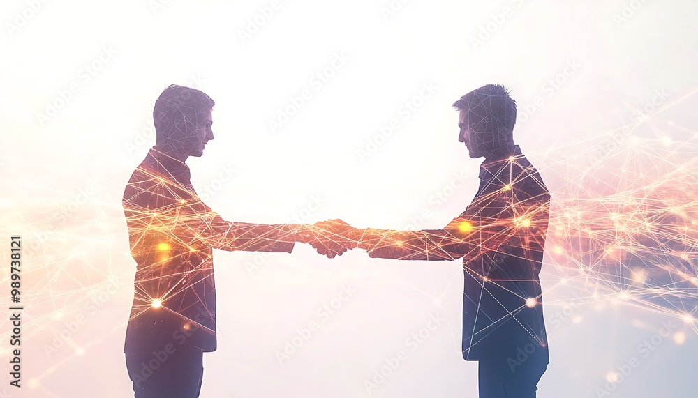 Poster Businesspeople Exchanging Handshake with Floating Data Grids and Glowing Lines in Double Exposure