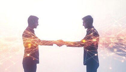 Businesspeople Exchanging Handshake with Floating Data Grids and Glowing Lines in Double Exposure