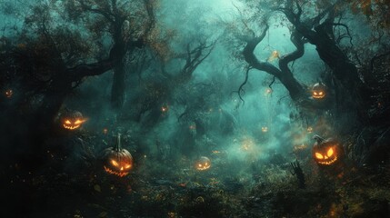 Obraz premium Dark, foggy Halloween forest with twisted trees, glowing pumpkins, and shadowy figures.