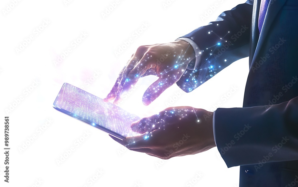 Poster businesspeople's hands working on tablet with flowing digital information and data connections in do