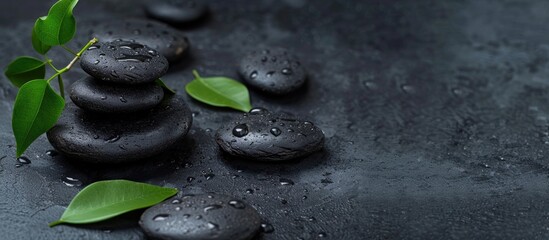 Space For Text With Pile Of Black Stones With Four Leaves