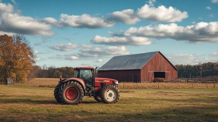 Fototapeta premium Red Tractor and Barn in a Rural Landscape