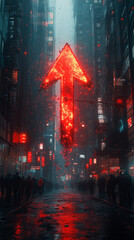 Obraz premium A glowing red arrow points upwards in a futuristic city.