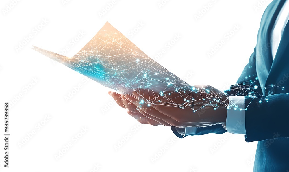 Poster Businessperson Holding Document with Recipient's Hands and Connecting Digital Data Lines in Double Exposure