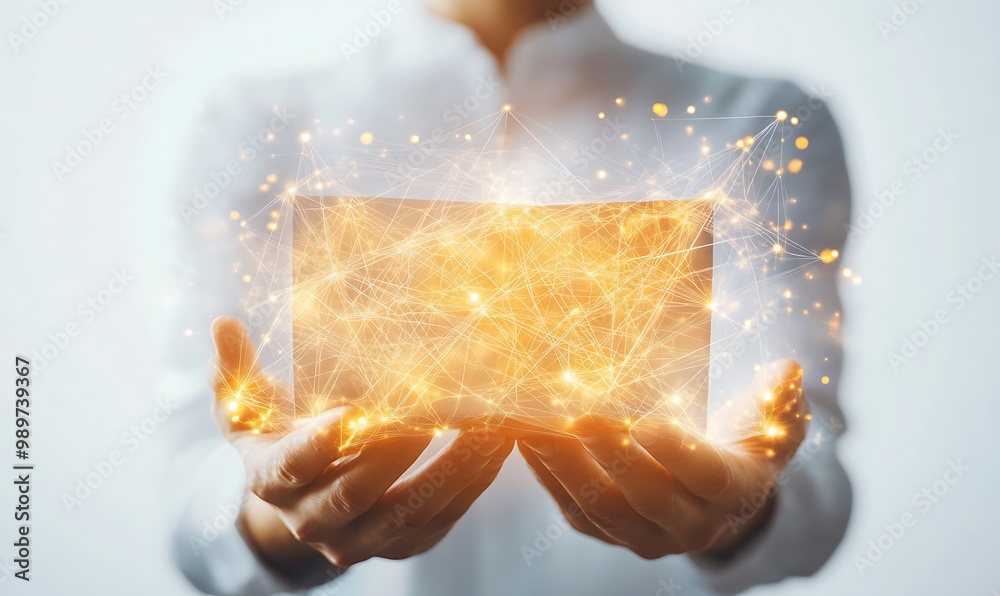 Poster Businessperson Holding Document with Recipient's Hands and Connecting Digital Data Lines in Double Exposure