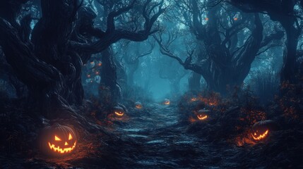 Obraz premium Dark forest with twisted trees and a glowing pumpkin path, perfect for a spooky Halloween scene.