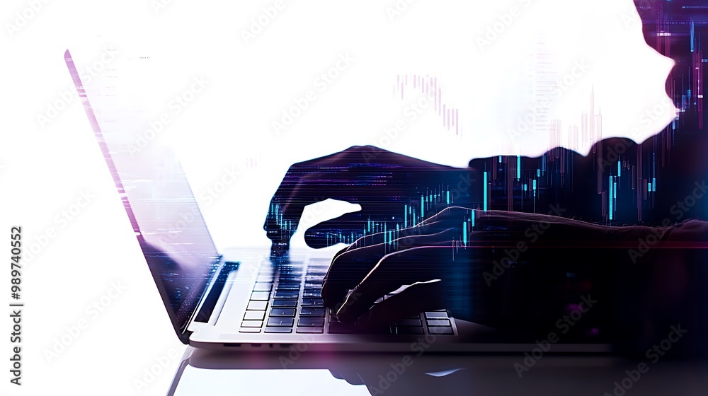 Poster hands typing on laptop with stock market graphs and financial data in double exposure