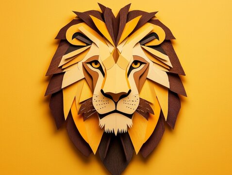 vibrant paper cut-out features a fierce lion with a detailed mane crafted from layered yellow and brown strips, set against a soft orange backdrop.
