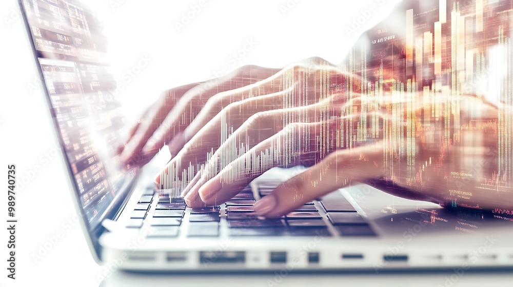 Poster hands typing on laptop with stock market graphs and financial data in double exposure