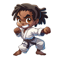 A cartoon illustration of a young black man with dreadlocks, dressed in a white karate gi and black belt, in a fighting stance.