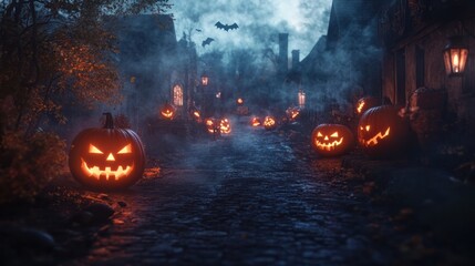 Naklejka premium Eerie Halloween alley with flickering lanterns, glowing jack-o'-lanterns, and swirling mist.