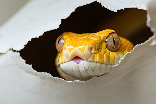 Photo of a tropical snake peeking through a hole in a torn piece of paper.