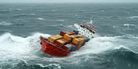 Cargo ship with containers split half storm unfolding ocean tragic disaster scene. Ai generated.