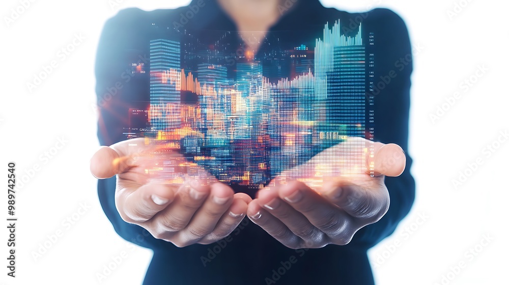 Aufkleber Hands Holding Financial Portfolio with Digital Data Grids and Graphs in Double Exposure
