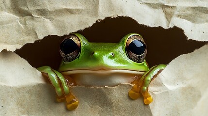 Photo of a striking frog peeking through a tear in a piece of old paper.
