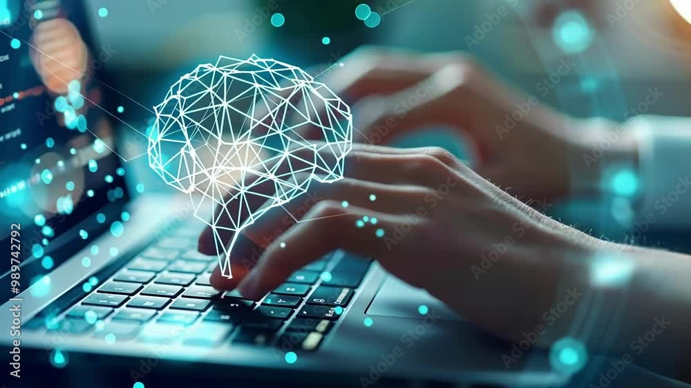 Poster software developer is programming on a laptop with a holographic brain symbolizing artificial intell