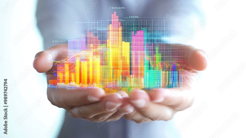 Poster Hands Holding Financial Portfolio with Digital Data Grids and Graphs in Double Exposure