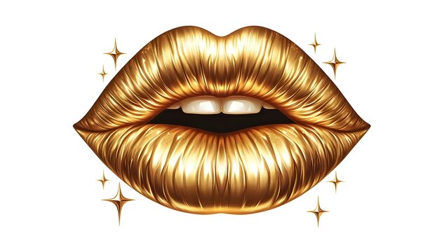 A woman's lips are painted gold and dripping with a shiny substance. Concept of glamour and luxury, as the gold lip color is often associated with high-end beauty products and expensive makeup