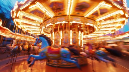 Fototapeta premium Carousel bright lights painted horses spinning blur motion creating vibrant scene. AI generated