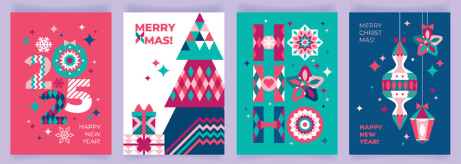 Beautiful set of christmas greeting cards with decorative tree, lettering hohoho, 2025 and decorations. New Year card with creative bright holiday symbols. Poster, banner, cover, invitation