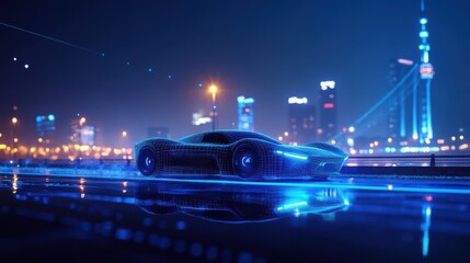 Futuristic Car   Wireframe  Neon Lights  Cityscape  Nighttime