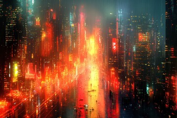 Fototapeta premium Neon Cityscape Under Rain