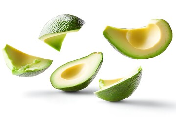 Avocado slices gliding, rich, green, white background, healthy, food styling