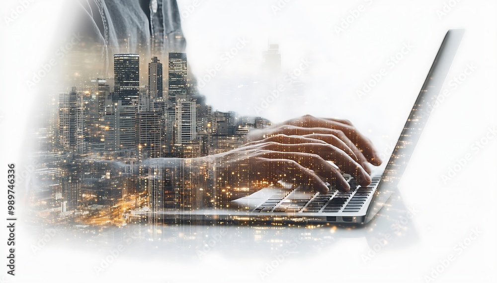 Poster Hands Typing on Laptop with Smart City Infrastructure and Data Streams in Double Exposure