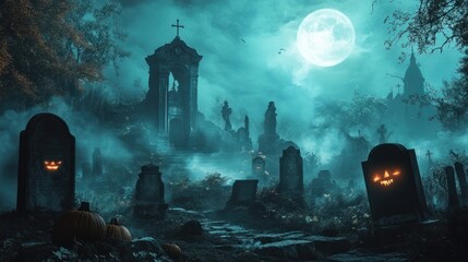 Misty graveyard with ancient tombstones, fog, and glowing pumpkins under a full moon.