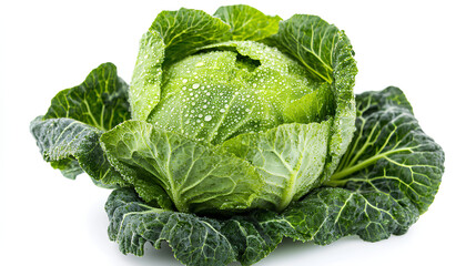 Head of fresh white cabbage with dew drops, isolated on a white background. High-quality color image perfect for design projects and illustrations.
