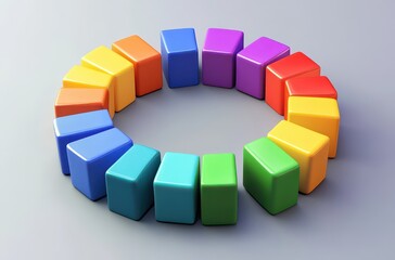 Obraz premium A colorful arrangement of cube-shaped blocks in a circular formation, showcasing a vibrant palette of colors.