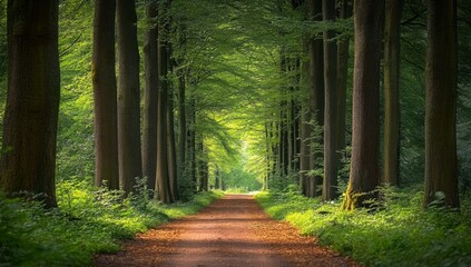Fototapeta premium Walkway in a green spring beech forest in Leuven, Belgium. Beautiful natural tunnel. Atmospheric landscape. Eco tourism, travel destinations, environmental conservation, pure nature