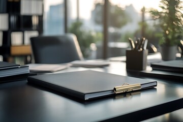 An empty file folder on a sleek black desk, basic