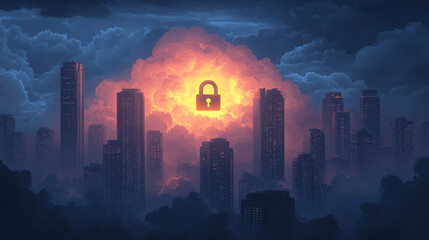 Fototapeta premium A city skyline with a glowing padlock in the clouds.