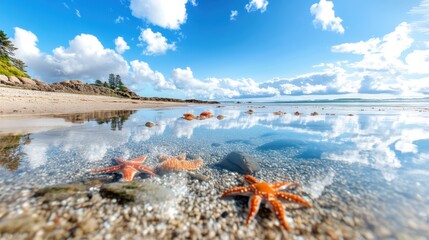 Starfish on Sandy Beach Under Clear Blue Sky